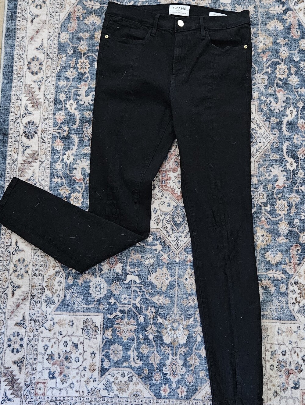 Frame Denim Black Skinny Jeans with Gold Accents